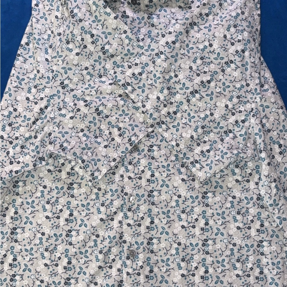 Perry Ellis Floral Button-Up Blouse in White and Teal